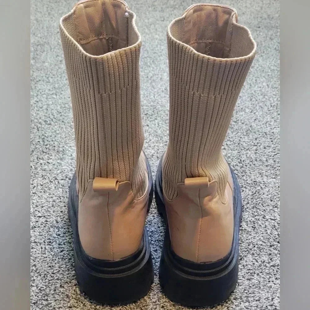 Camel Knitted Panel Wave Sole Chunky Calf High Ankle Boots, womens size 9 - Picture 3 of 12